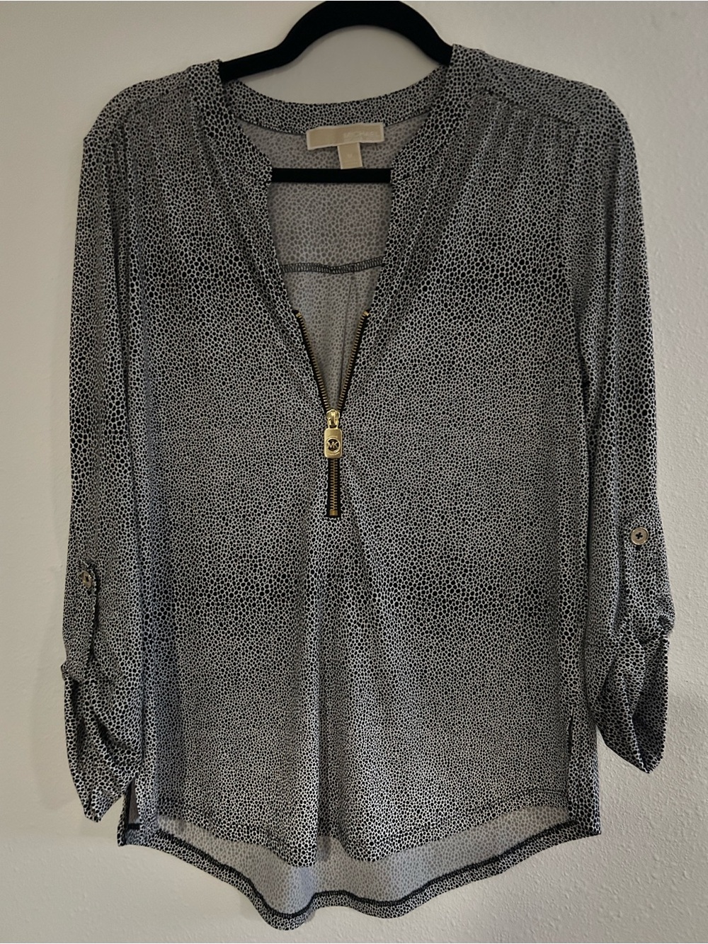 Michael Kors Black and White Dotted Zip-Front Blouse